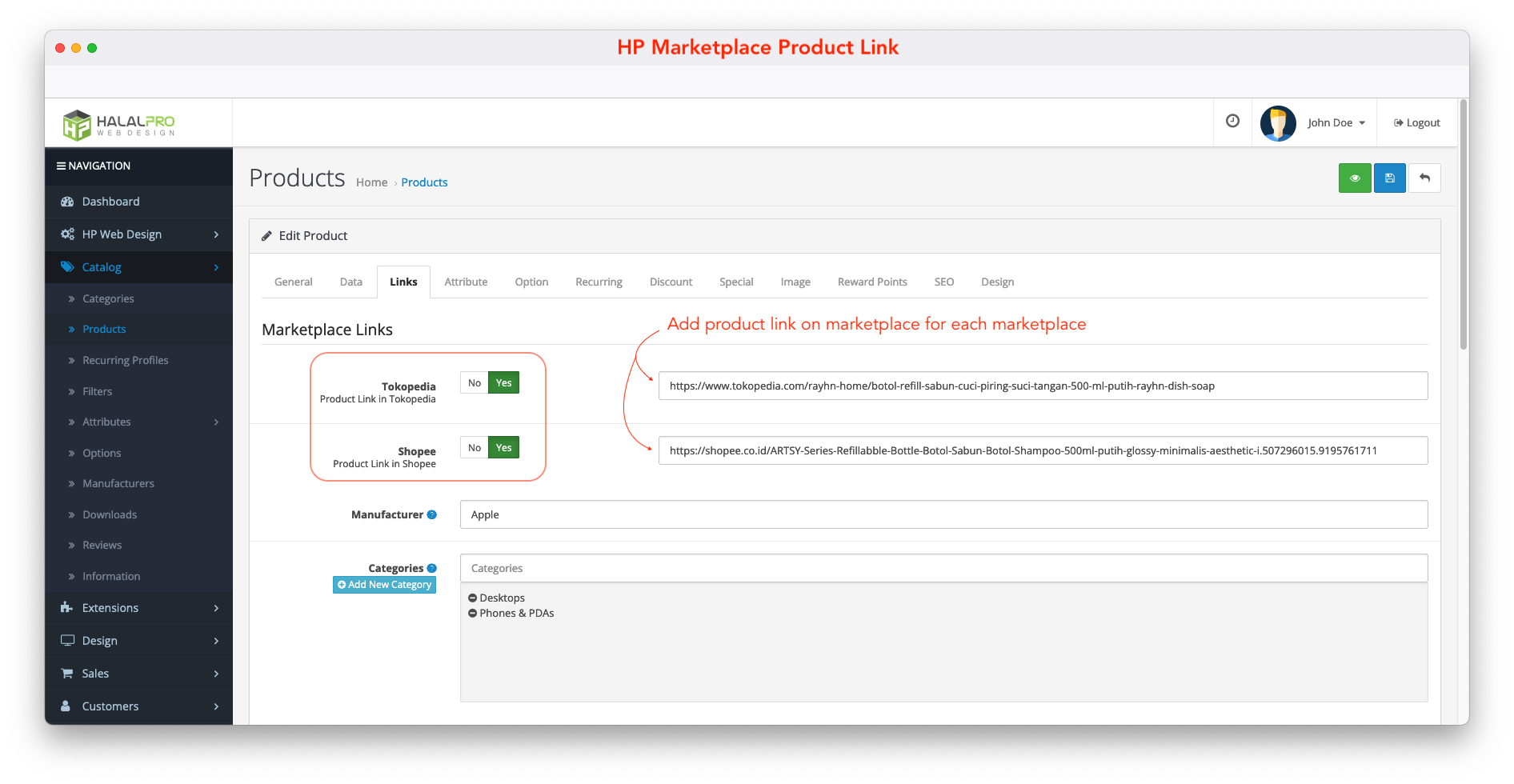 add marketplace product link for each marketplace on an opencart product